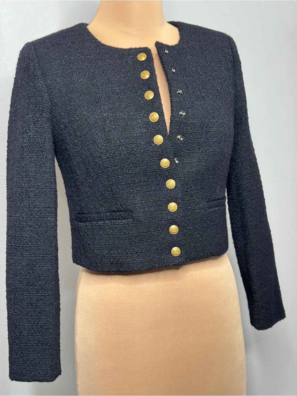J. Crew Black Tweed Cropped Jacket with Gold Buttons